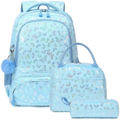 Conjunto azul claro de mochila, bolsa de mão e estojo com padrão de borboletas brilhantes