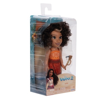 Boneca Vaiana 2 em embalagem transparente com vestido laranja e vermelho, cabelo encaracolado castanho