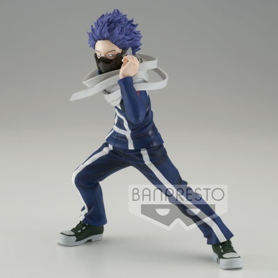 Figura colecionável personagem com cabelo azul e roupa azul e branca em pose dinâmica