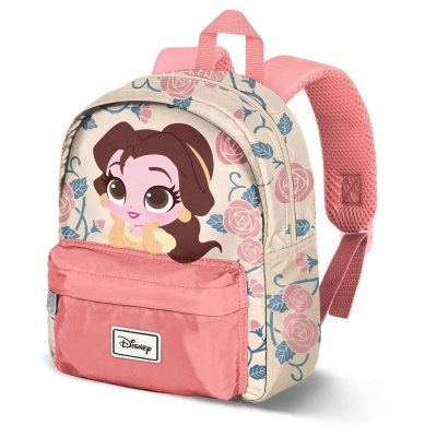 Mochila infantil Disney com estampa da personagem Bela em estilo cartoon em fundo bege com rosas