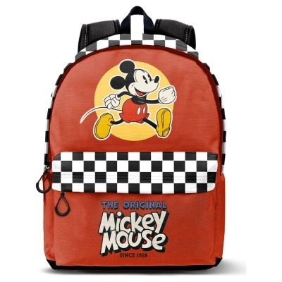 Mochila vermelha com estampa de Mickey Mouse e padrão quadriculado preto e branco