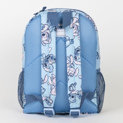 Mochila azul clara com padrão de personagens animados e costas acolchoadas