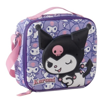 Mala roxa com personagem Kuromi e fecho de zíper