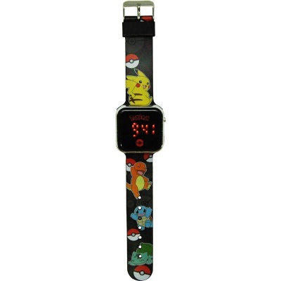 Relógio digital Pokémon com bracelete preta e personagens coloridos.