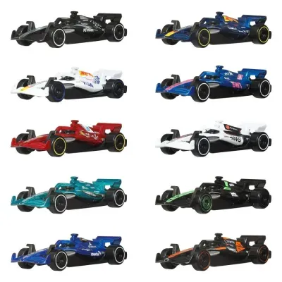 Dez miniaturas coloridas de carros de Fórmula 1 com diferentes logos e design detalhado.