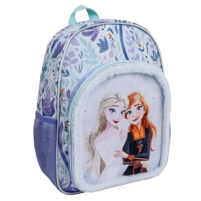 Mochila infantil Frozen com design floral em roxo e azul claro