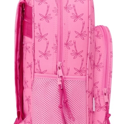 Mochila cor-de-rosa com padrão de libélulas e bolsos com fechos de correr
