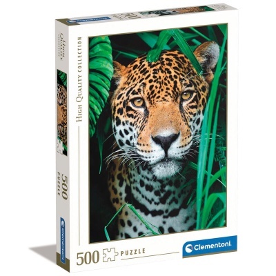 Caixa de quebra-cabeças com imagem de um jaguar em folhas verdes