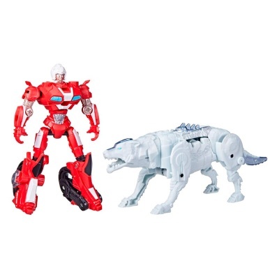 Figura robô vermelho e dinossauro branco em plástico num fundo branco