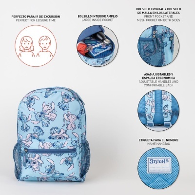 Mochila azul com padrão do Stitch, bolsos de malha e etiqueta para nome