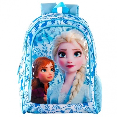 Mochila azul clara com personagem Elsa e Anna de Frozen