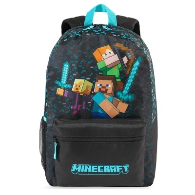 Mochila Minecraft preta com personagens pixelados e texto azul