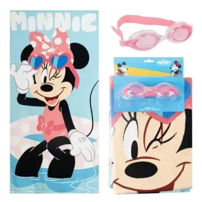 Conjunto toalha e fato de banho Minnie com óculos de piscina rosa