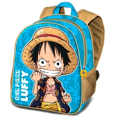 Mochila infantil azul e bege com estampa do personagem Luffy de One Piece