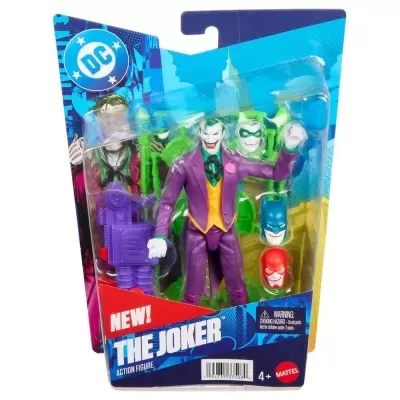 Boneco The Joker com três cabeças, acessórios roxos em embalagem azul