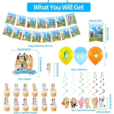 Conjunto de decoração de festa infantil com faixa, balões, decorações espirais, toppers para bolo e cupcakes com desenhos de animais