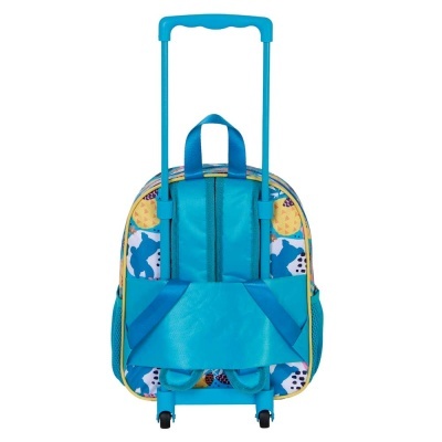 Mochila infantil azul com rodas e padrão colorido vista de trás