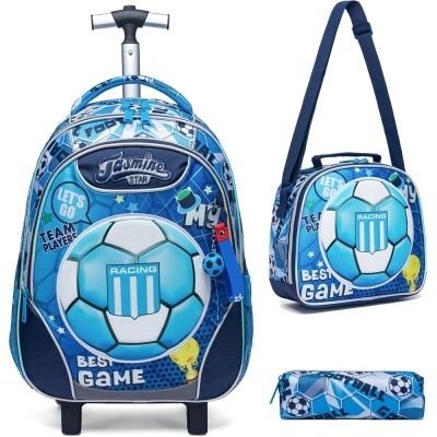 Conjunto de mochila, lancheira e estojo azul com tema futebol e textos em inglês
