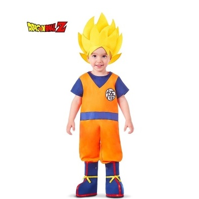 Fato infantil Dragon Ball Z com túnica laranja e azul, símbolo no peito, botins azuis e peruca amarela