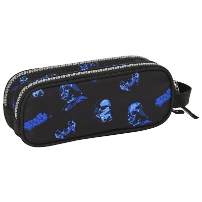Estojo preto com padrão azul e logo Star Wars, dois fechos de correr