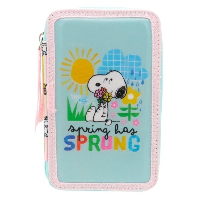 Estojo azul claro com borda rosa e desenho do Snoopy com flores e texto colorido