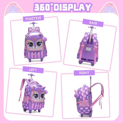 Mochila com design de urso e cores lilás e roxo vista de quatro ângulos