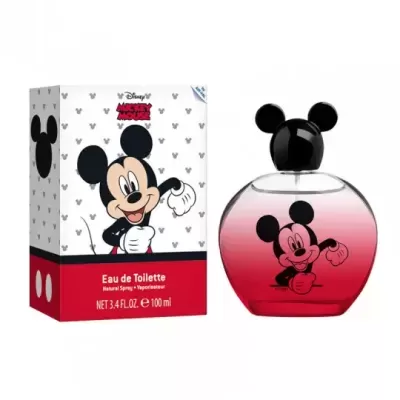 Perfume Disney Mickey Mouse com frasco rosa e tampa preta em forma de orelhas do Mickey ao lado da embalagem.