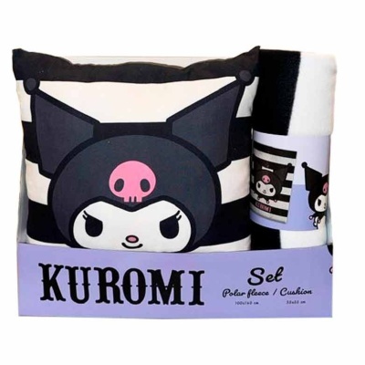 Conjunto KUROMI almofada e manta em polar fleece com personagem preto e branco e caveira rosa