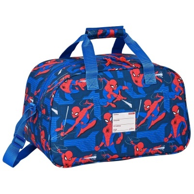 Mala de desporto azul com padrão de Homem-Aranha vermelho e azul e alças azuis