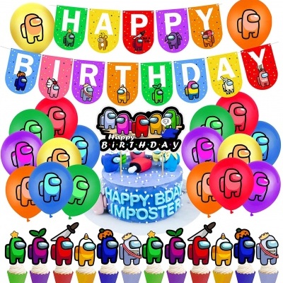 Decoração festa Among Us com bandeirolas, balões, bolo azul e cupcakes decorados