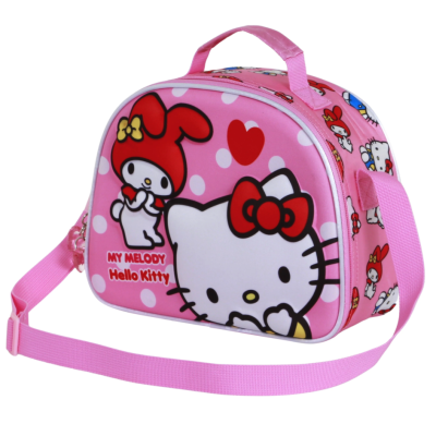 Bolsa infantil rosa com personagens My Melody e Hello Kitty e padrão de bolinhas brancas
