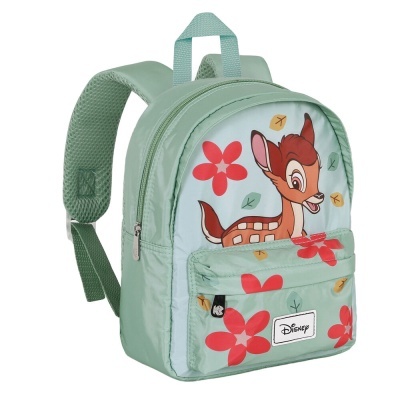 Mochila infantil verde água com estampa do personagem Bambi da Disney e flores vermelhas