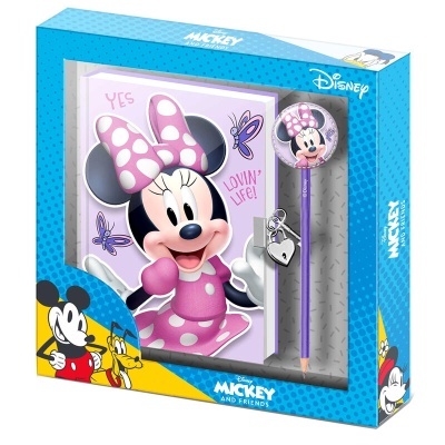 Conjunto de material de escrita Disney com caderno, lápis e chaveiro com tema Minnie Mouse.