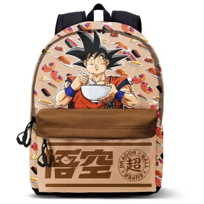 Mochila bege com padrão de sushi, personagem Goku a comer numa tigela e bolso frontal castanho