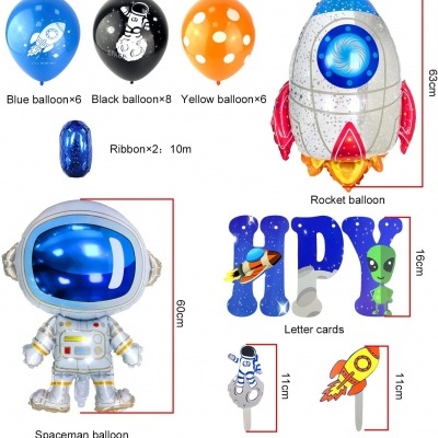 Conjunto de balões e decorações temáticos espaciais com foguetes, astronauta, alienígena e letras