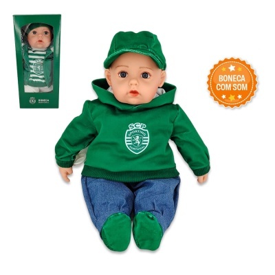 Boneca SCP com roupa verde e azul, embalagem e selo BONECA COM SOM
