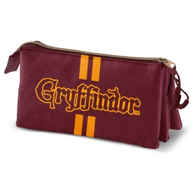 Estojo castanho com texto Gryffindor e riscas verticais laranja