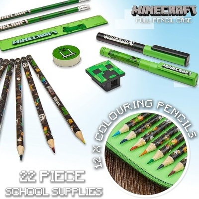 Conjunto escolar do Minecraft com 22 peças incluindo lápis, lápis de cor, régua, borracha, apontador e canetas de cor.