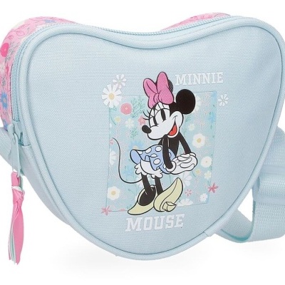 Mala azul clara em forma de coração com imagem da Minnie Mouse e texto 'MINNIE MOUSE'