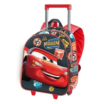 Mala de viagem infantil com design de personagem Relâmpago McQueen, cores vermelho, preto e azul.