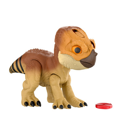 Figura de dinossauro de brinquedo castanho e bege com disco vermelho ao lado