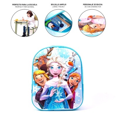 Mochila infantil azul com personagens de Frozen 3D EVA e texto em espanhol