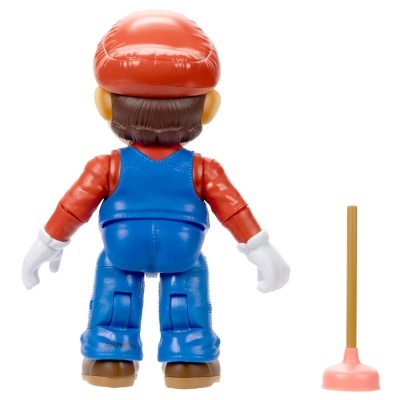 Figura de brinquedo vestida de azul e vermelho com objeto ao lado