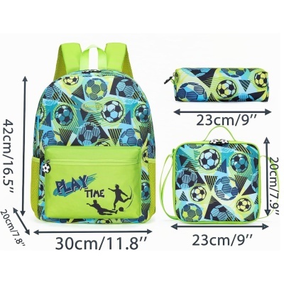 Conjunto de mochila, estojo e bolsa com padrão de bolas de futebol em verde e azul