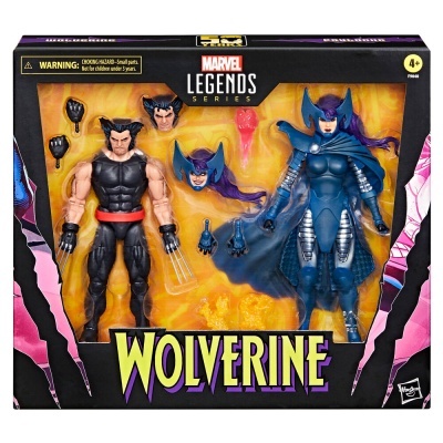 Caixa do brinquedo Marvel Legends Series com figuras de ação de Wolverine e personagem feminina azul