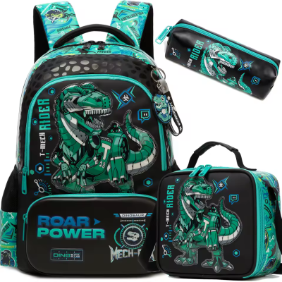 Conjunto escolar com mochila, estojo e lancheira com design de dinossauro robô preto, verde e azul.