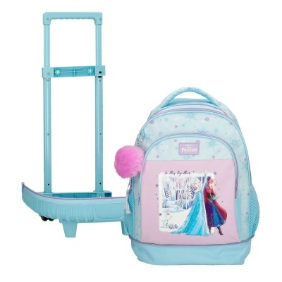 Mala azul claro com mochila rosa e lilás estampada de Frozen e chaveiro peludo rosa