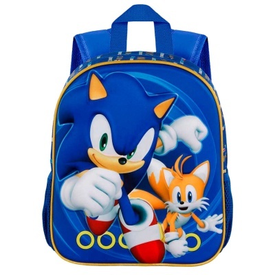 Mochila azul com imagem dos personagens Sonic e Tails em relevo