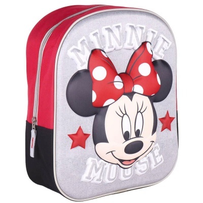 Mochila infantil temática Minnie Mouse em cores vermelho, cinza e preto com estampa da personagem