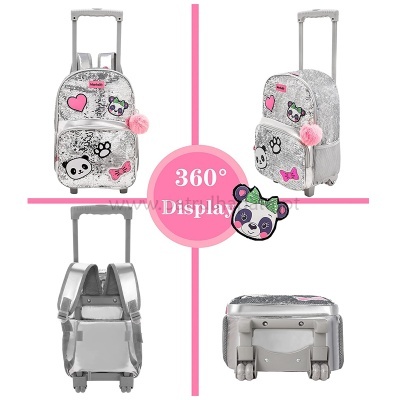 Mala de carrinho infantil cinzenta com padrão animal print e desenhos de pandas e corações